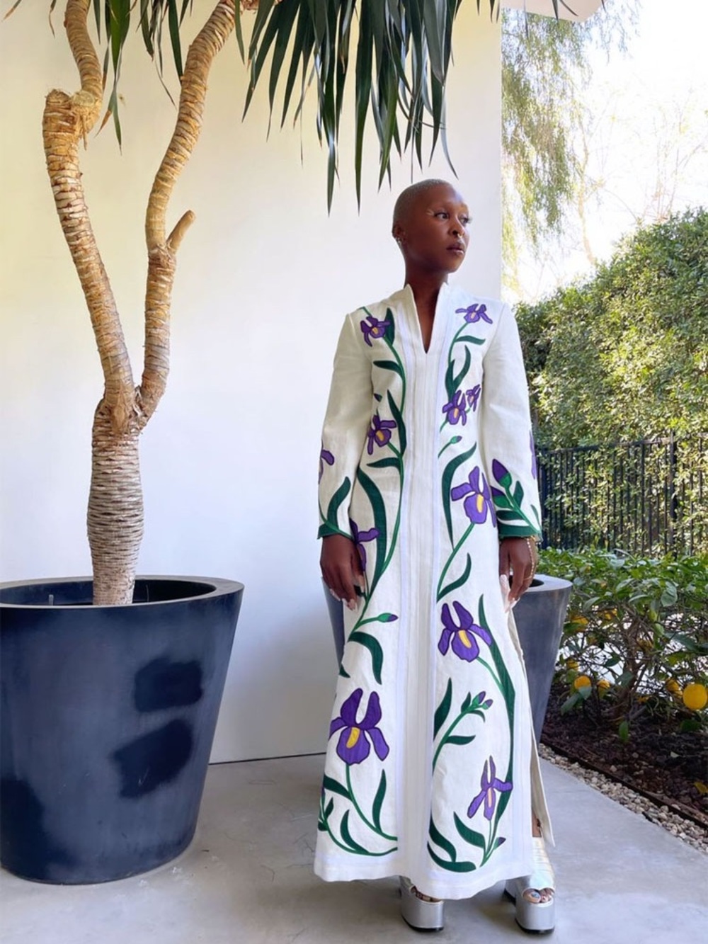 Tori Burch Long White Embroidered Floral caftan  - Purple & Green Accents